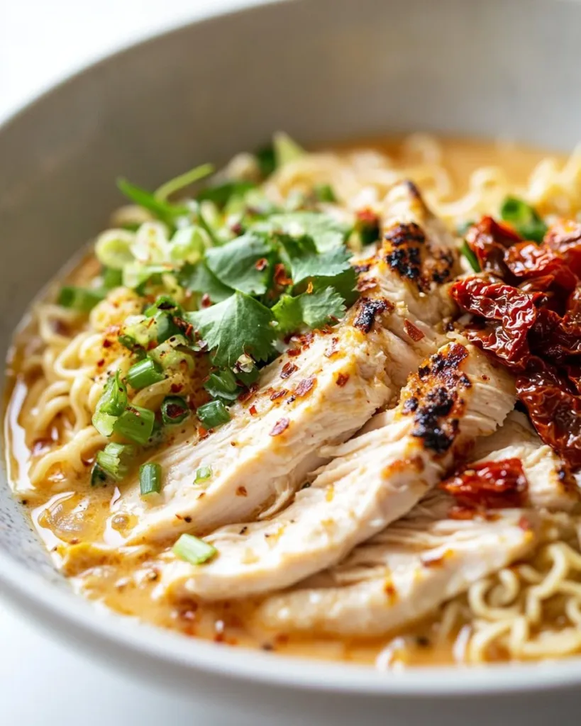 Delicious Creamy Marry Me Chicken Ramen served in a bowl with fresh ingredients.
