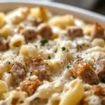 Creamy pasta topped with potato cream and sausage, a delicious comfort meal.