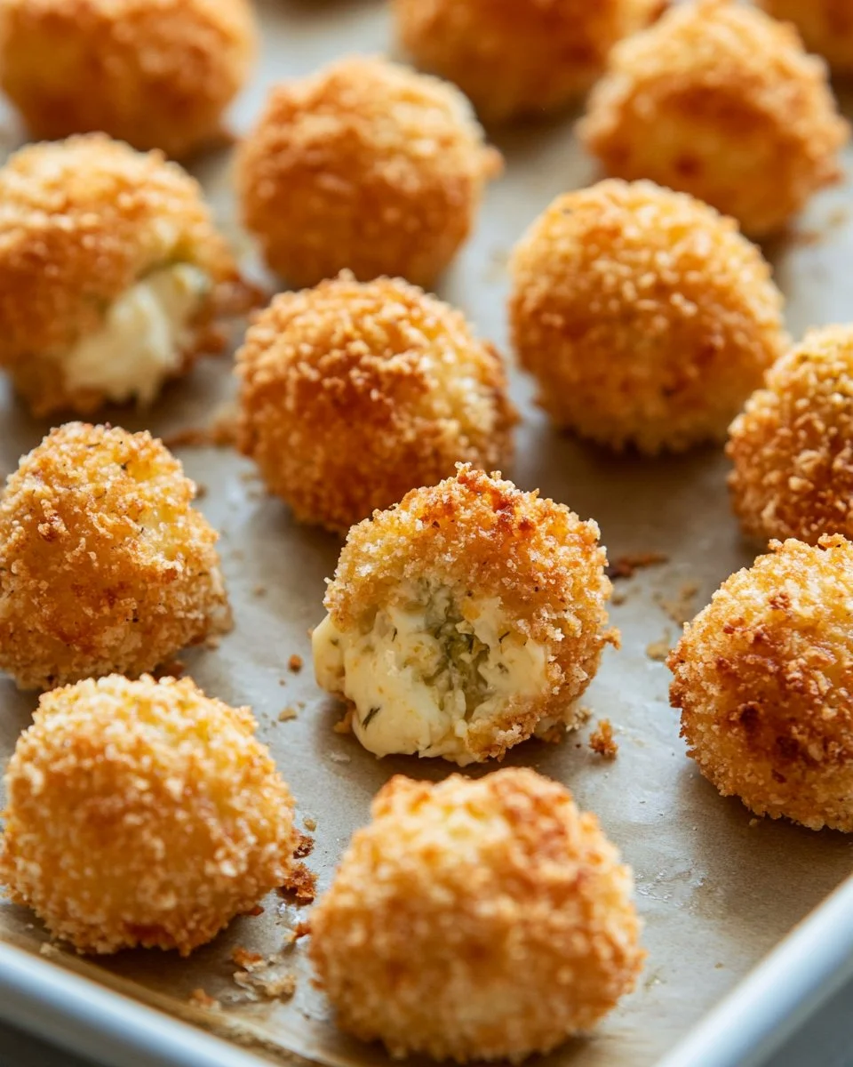 Plate of crispy pickle cheese bites served with dipping sauce.