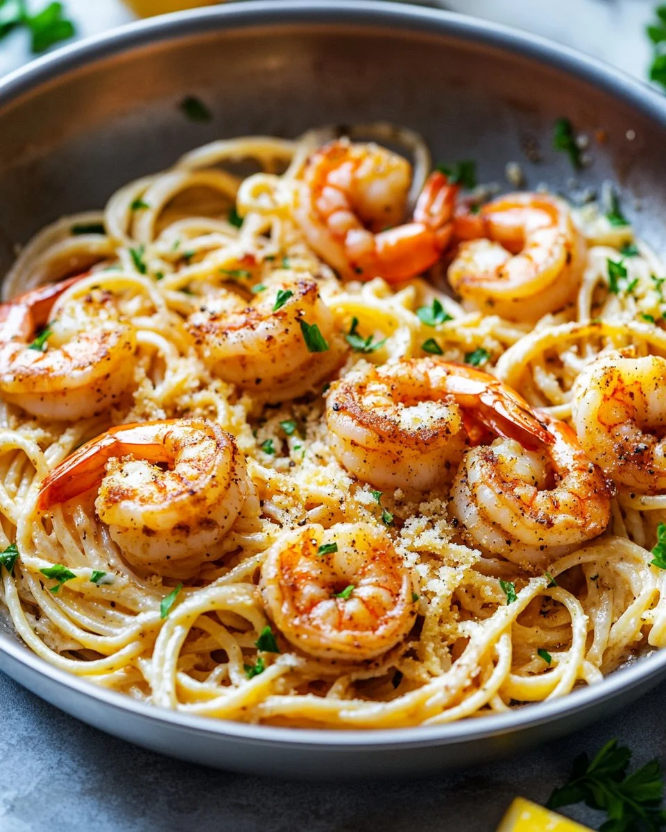 Crispy Shrimp Scampi Linguine garnished with herbs and lemon zest