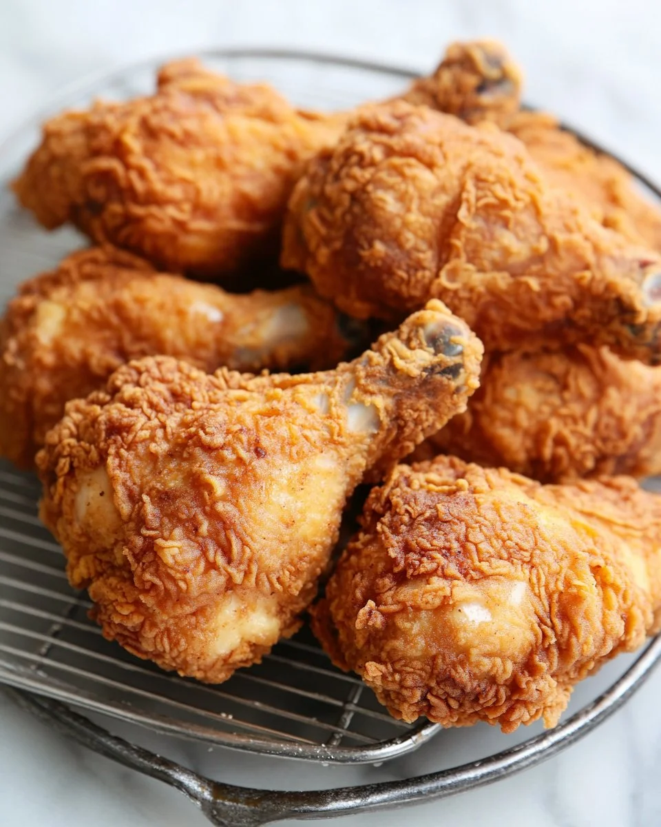 Plate of crispy spicy buttermilk fried chicken with golden brown coating.