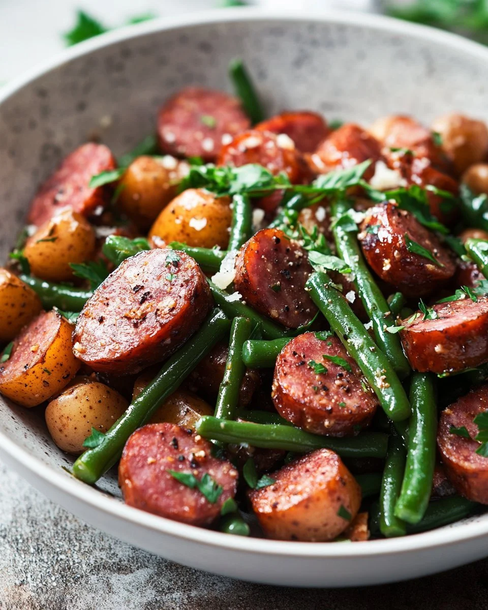 Crockpot Kielbasa with green beans cooked to perfection in a slow cooker.