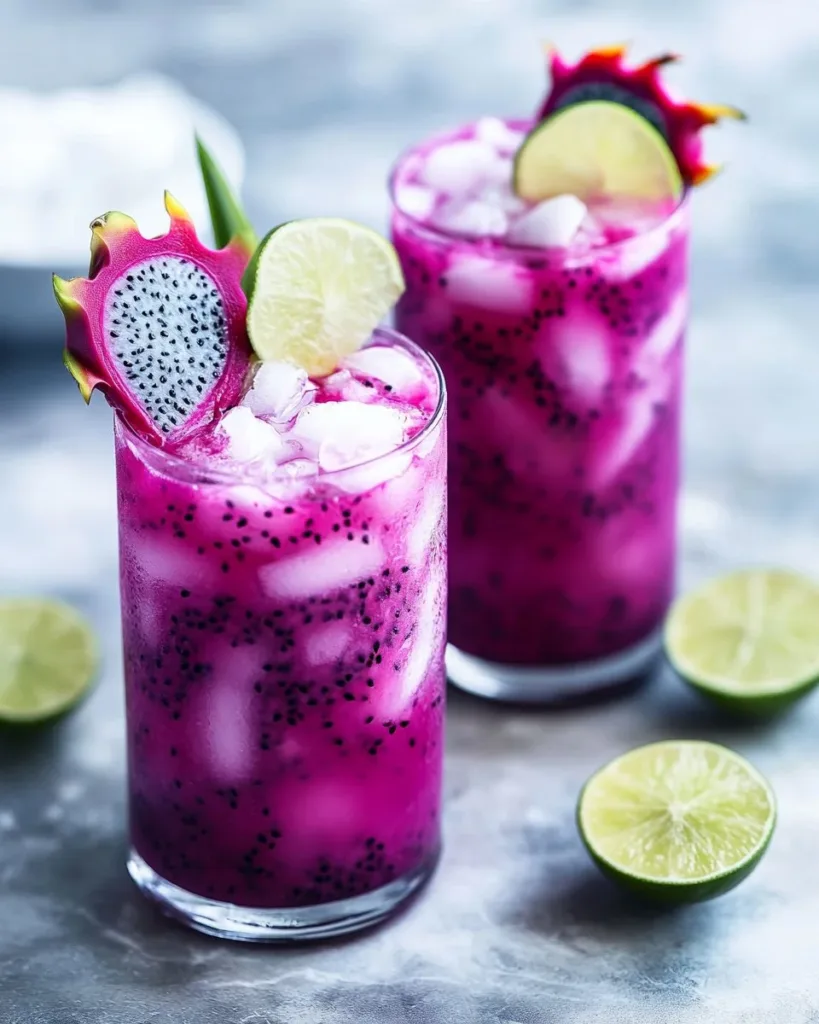 Dragon Fruit Colada A vibrant Dragon Fruit Colada garnished with fresh fruit and coconut, showcasing tropical flavors.