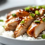 Crockpot Teriyaki Chicken ready to serve with rice and vegetables