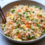 Delicious homemade easy fried rice with vegetables and scrambled eggs