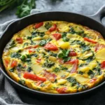 Easy frittata recipe with potatoes, red peppers, and spinach