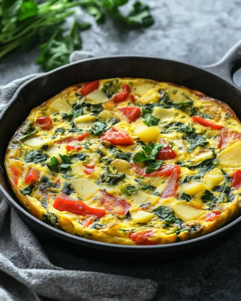 Easy Frittata with Potatoes, Red Peppers, and Spinach Easy frittata recipe with potatoes, red peppers, and spinach