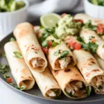 Delicious gluten-free chicken taquitos on a plate garnished with fresh herbs