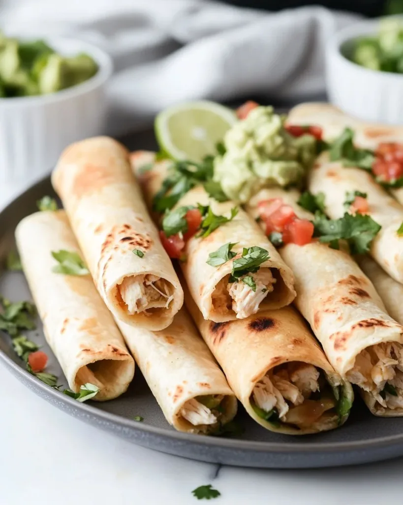 Easy Gluten-Free Chicken Taquitos Delicious gluten-free chicken taquitos on a plate garnished with fresh herbs