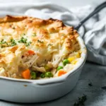 Delicious homemade chicken pot pie casserole ready to serve.