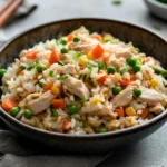 Homemade chicken fried rice served in a bowl with colorful vegetables