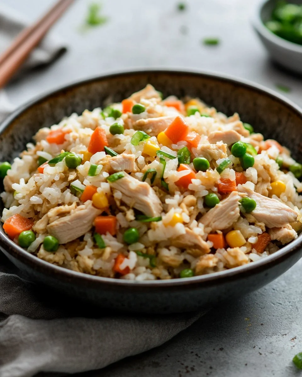 Homemade chicken fried rice served in a bowl with colorful vegetables