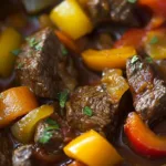 Delicious easy slow cooker pepper steak with colorful peppers and tender beef