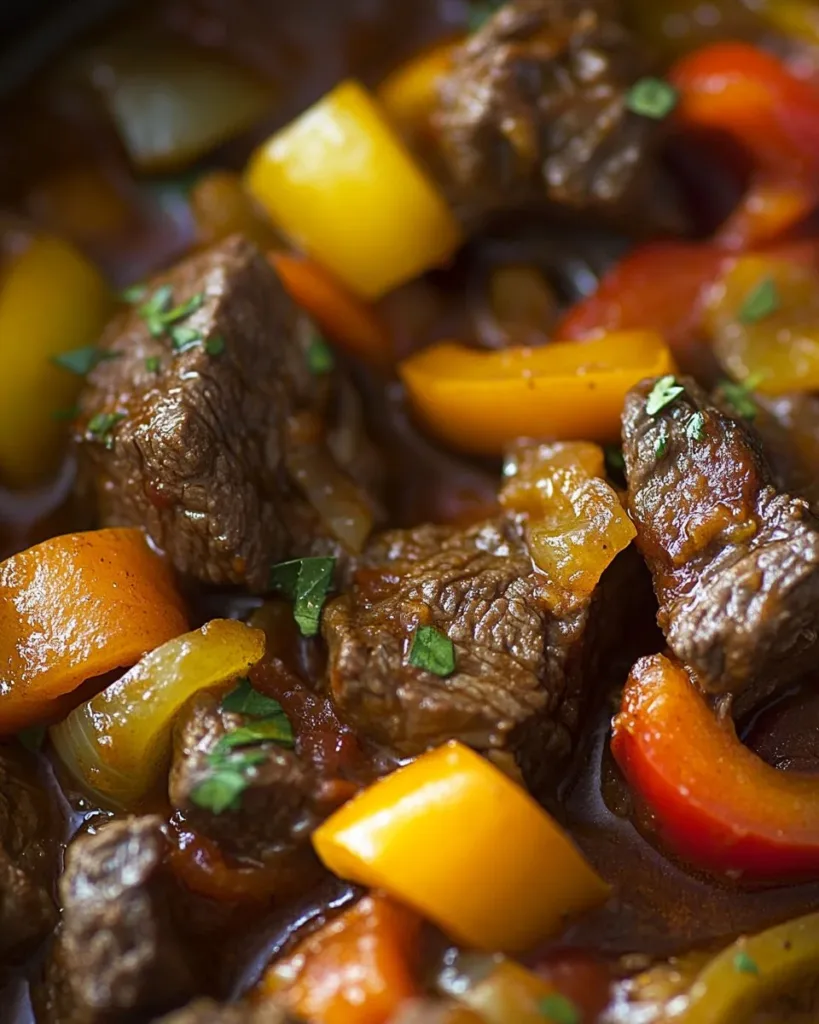Easy Slow Cooker Pepper Steak Delicious easy slow cooker pepper steak with colorful peppers and tender beef
