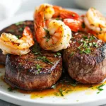 Delicious Filet Mignon topped with shrimp and lobster served elegantly on a plate