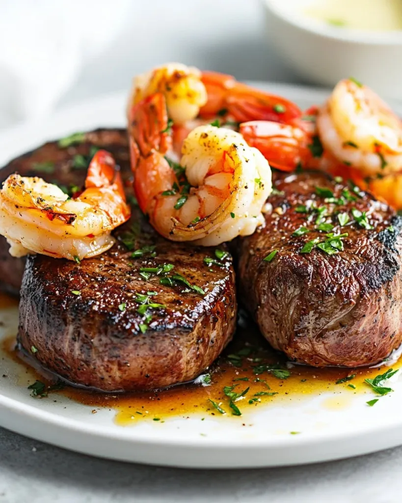 Delicious Filet Mignon topped with shrimp and lobster served elegantly on a plate
