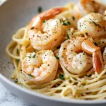 Delicious plate of Garlic Shrimp Pasta garnished with fresh herbs