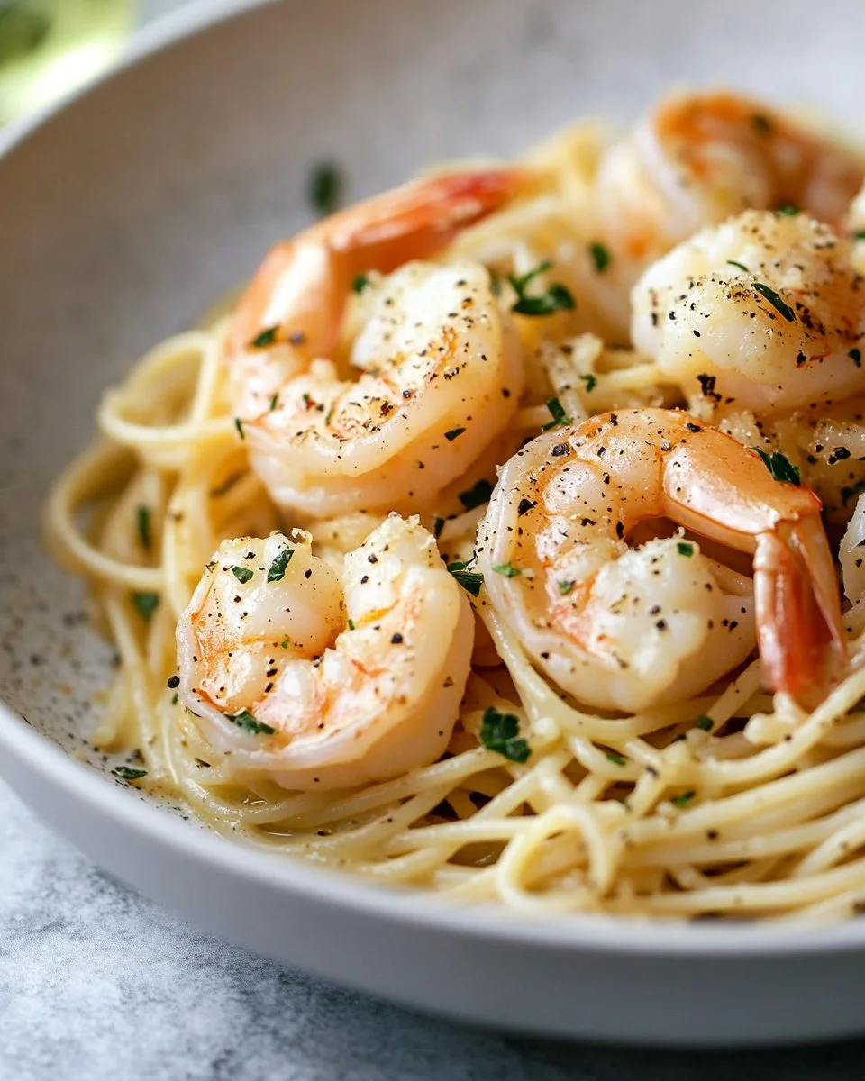Delicious plate of Garlic Shrimp Pasta garnished with fresh herbs