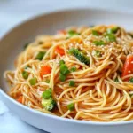 Garlicky Butter Noodle Stir-Fry with vegetables and herbs in a skillet