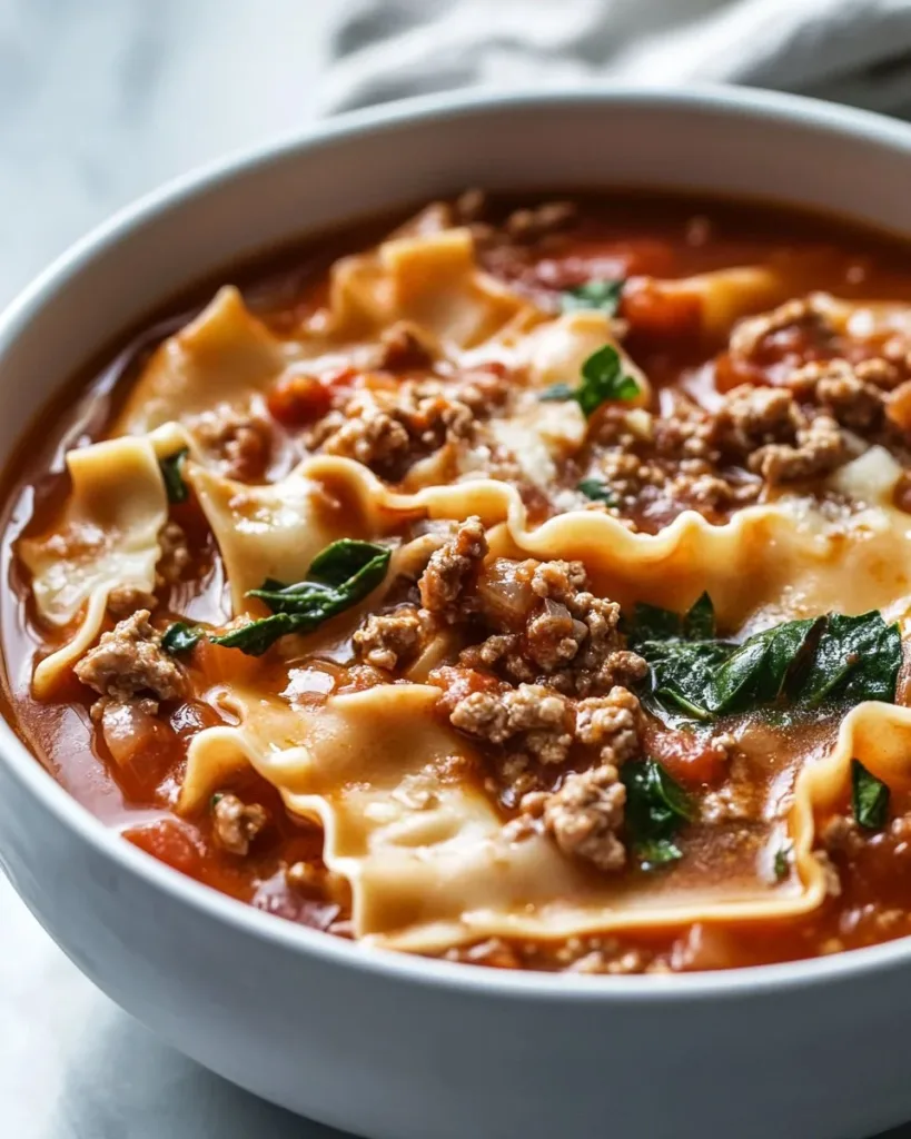 Bowl of gluten-free lasagna soup topped with cheese and fresh herbs