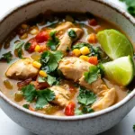 Delicious Green Chile Chicken Stew served in a bowl with cilantro garnish