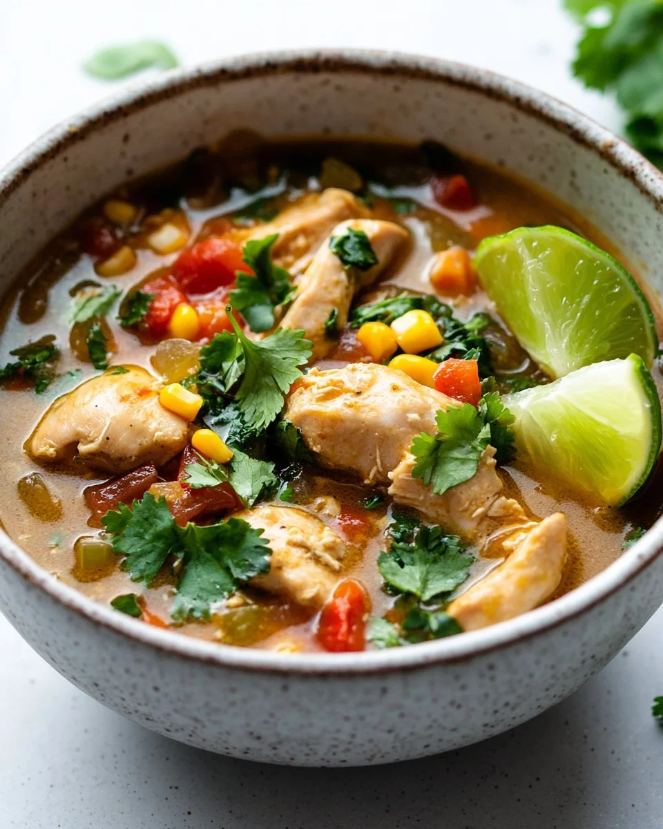 Delicious Green Chile Chicken Stew served in a bowl with cilantro garnish