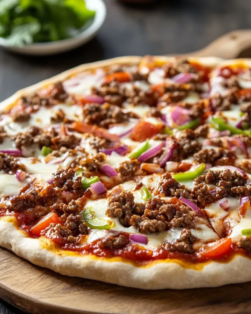 Ground Beef Barbecue Pizza Delicious Ground Beef Barbecue Pizza with melted cheese and flavorful toppings