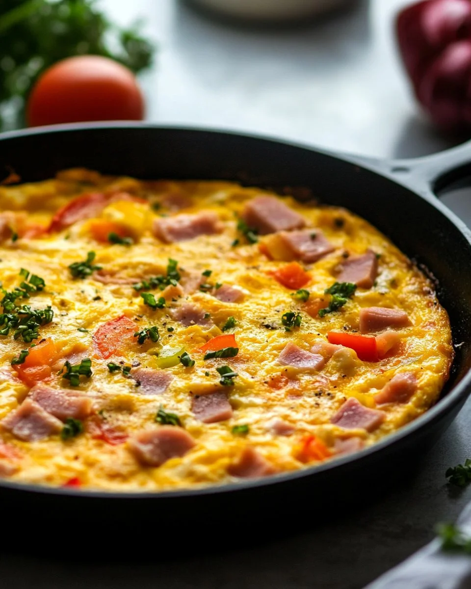 Delicious ham frittata topped with herbs, served on a white plate