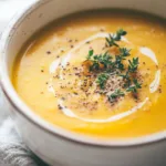 Bowl of healthy butternut squash soup garnished with herbs