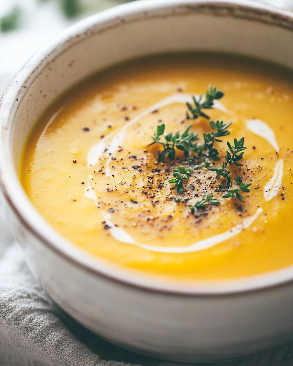 Bowl of healthy butternut squash soup garnished with herbs