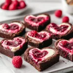 Delicious heart-shaped brownies decorated with chocolate drizzle on a plate