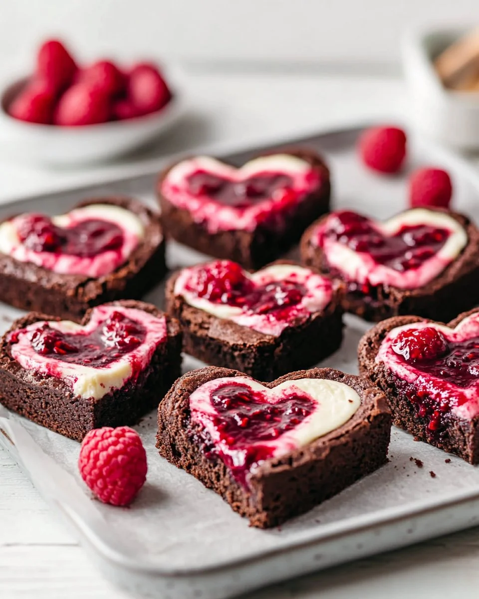 Delicious heart-shaped brownies decorated with chocolate drizzle on a plate