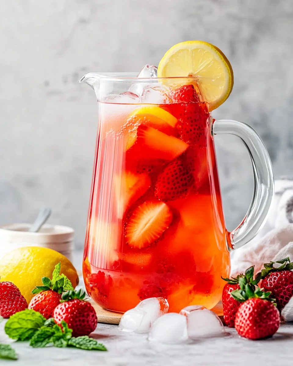 Hibiscus tea strawberry-lemonade refresher in a glass with lemon slices.