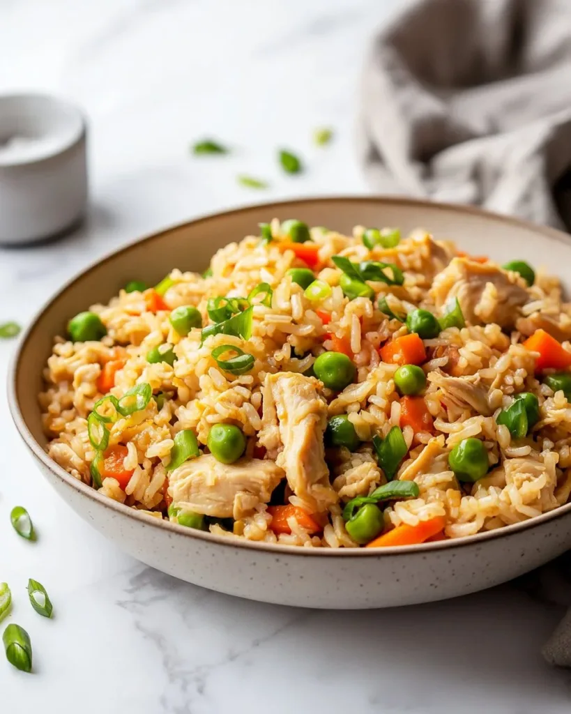 Plate of high protein chicken fried rice with vegetables and chicken pieces