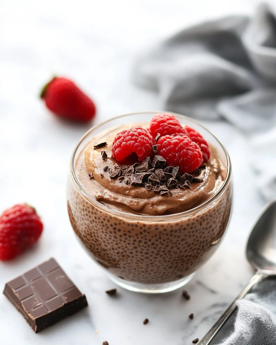 High protein chocolate chia seed pudding topped with berries in a glass bowl.