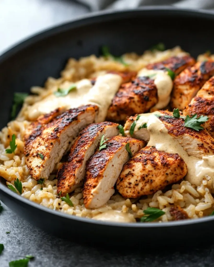 High protein creamy Cajun chicken served with rice in a flavorful dish.