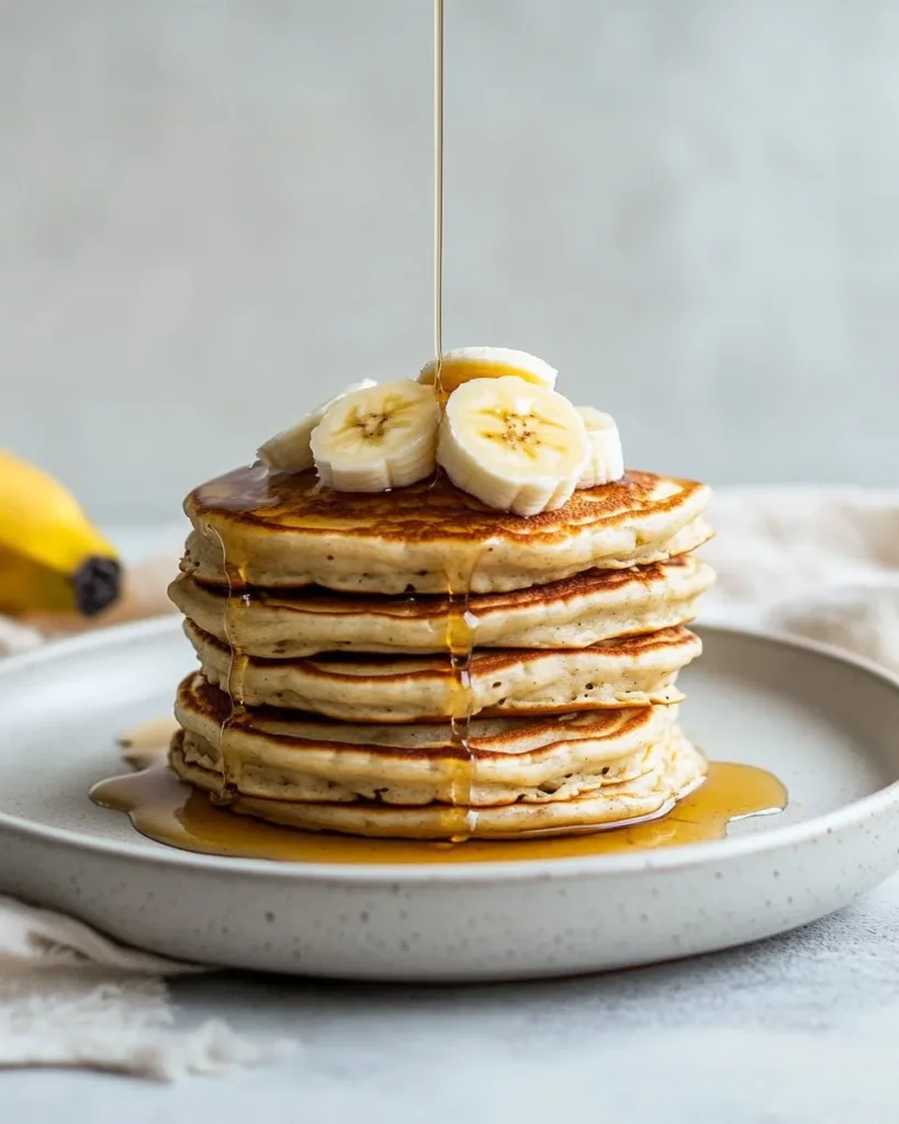 High Protein Pancakes Stack of high protein pancakes topped with fresh berries and syrup