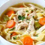 Bowl of homemade chicken noodle soup with fresh vegetables and herbs