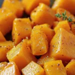 Honey roasted butternut squash dish served in a bowl with honey drizzle