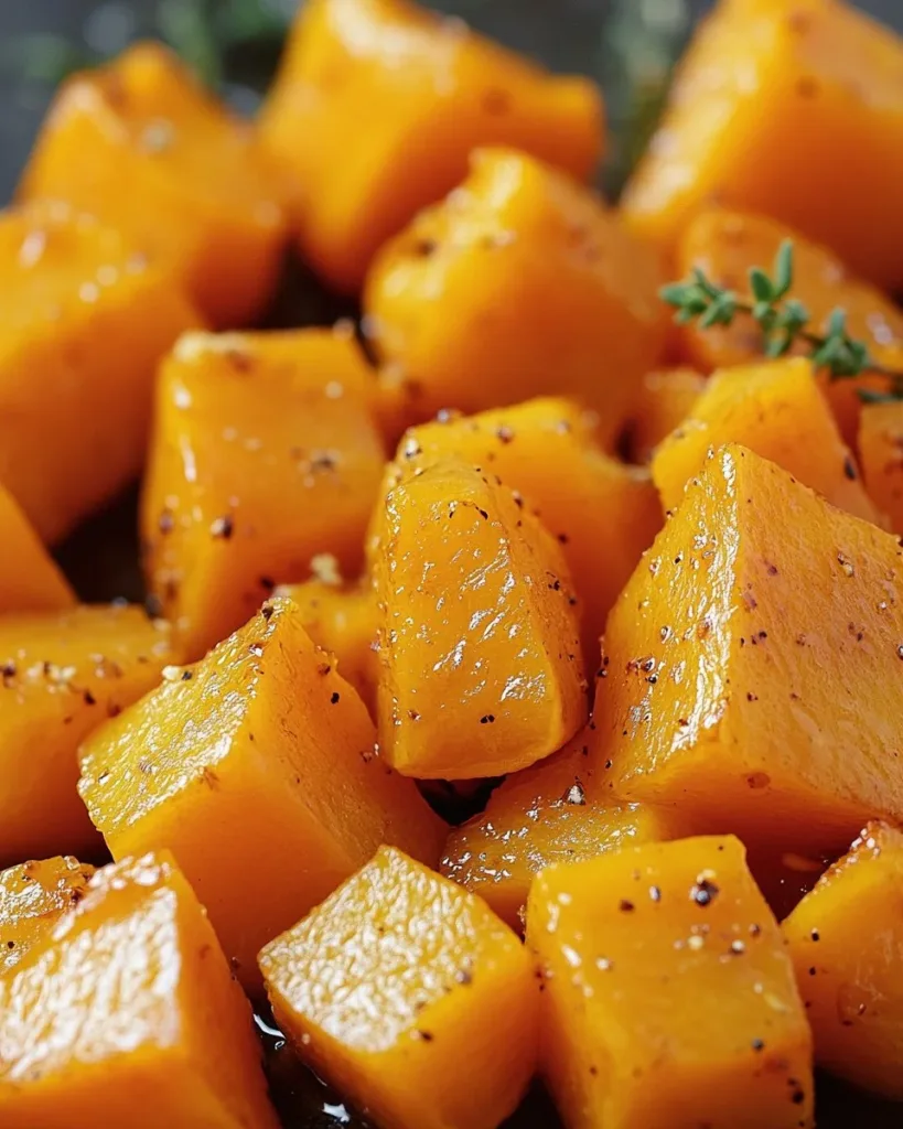 Honey roasted butternut squash dish served in a bowl with honey drizzle