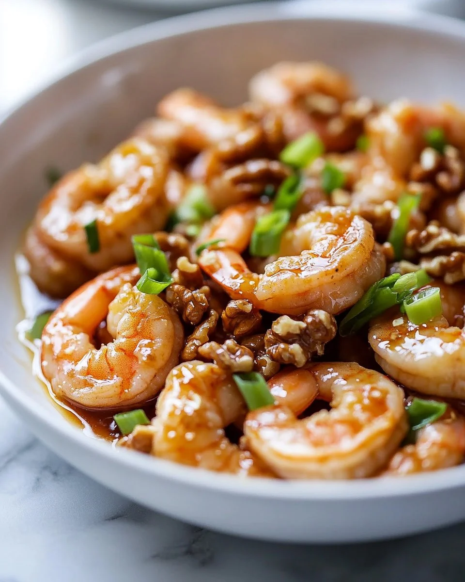 Delicious Honey Walnut Shrimp served with a garnish of walnuts and honey sauce