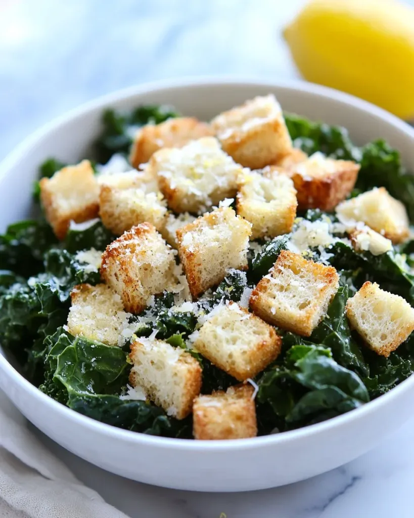 Lemon Parmesan Kale Salad A vibrant Lemon Parmesan Kale Salad served in a bowl, topped with lemon slices and parmesan cheese.