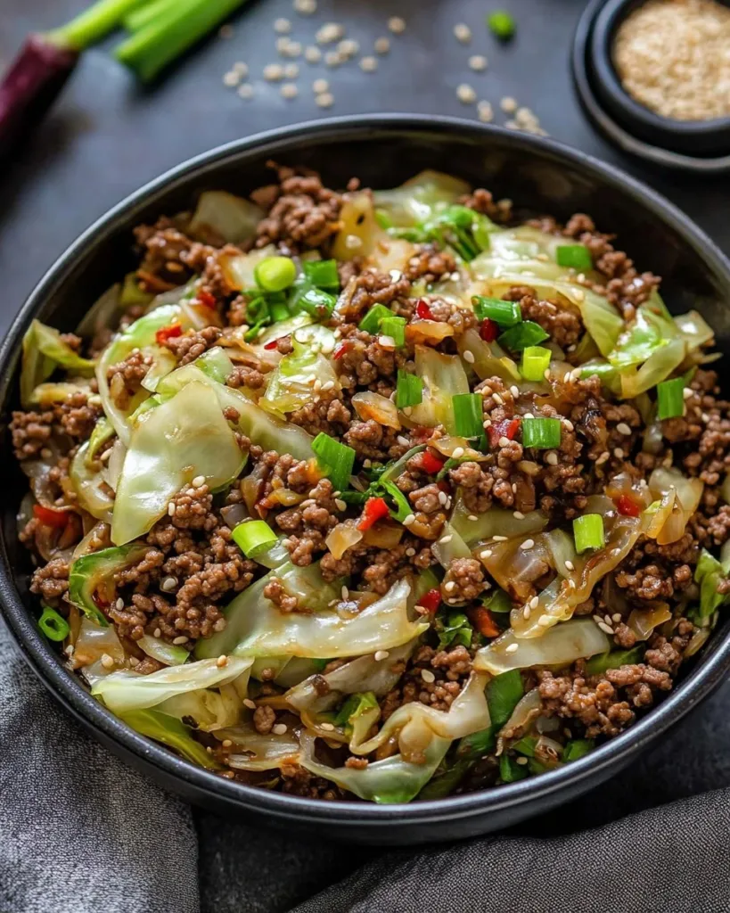 Low Carb Mongolian Ground Beef Cabbage Recipe Low Carb Mongolian Ground Beef with cabbage on a plate