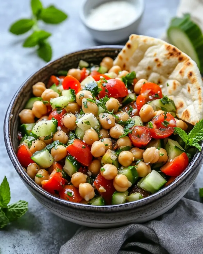 Mediterranean Chickpea Salad Colorful Mediterranean Chickpea Salad with tomatoes, cucumbers, and olives