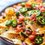 Delicious Mexican nachos topped with cheese, jalapenos, and guacamole