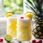 Refreshing Non-Alcoholic Piña Colada Punch in a glass with tropical fruits
