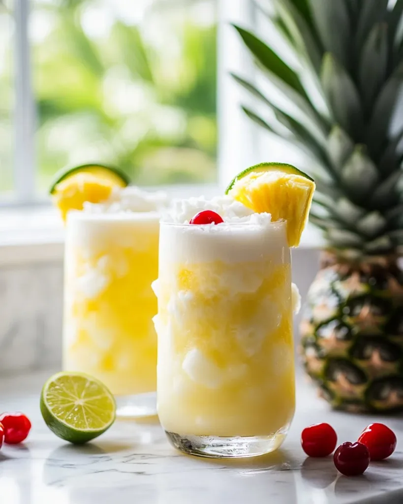 Non-Alcoholic Piña Colada Punch Refreshing Non-Alcoholic Piña Colada Punch in a glass with tropical fruits