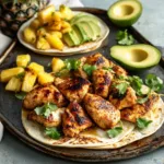 Delicious one pan chicken tacos with pineapple topped with fresh ingredients