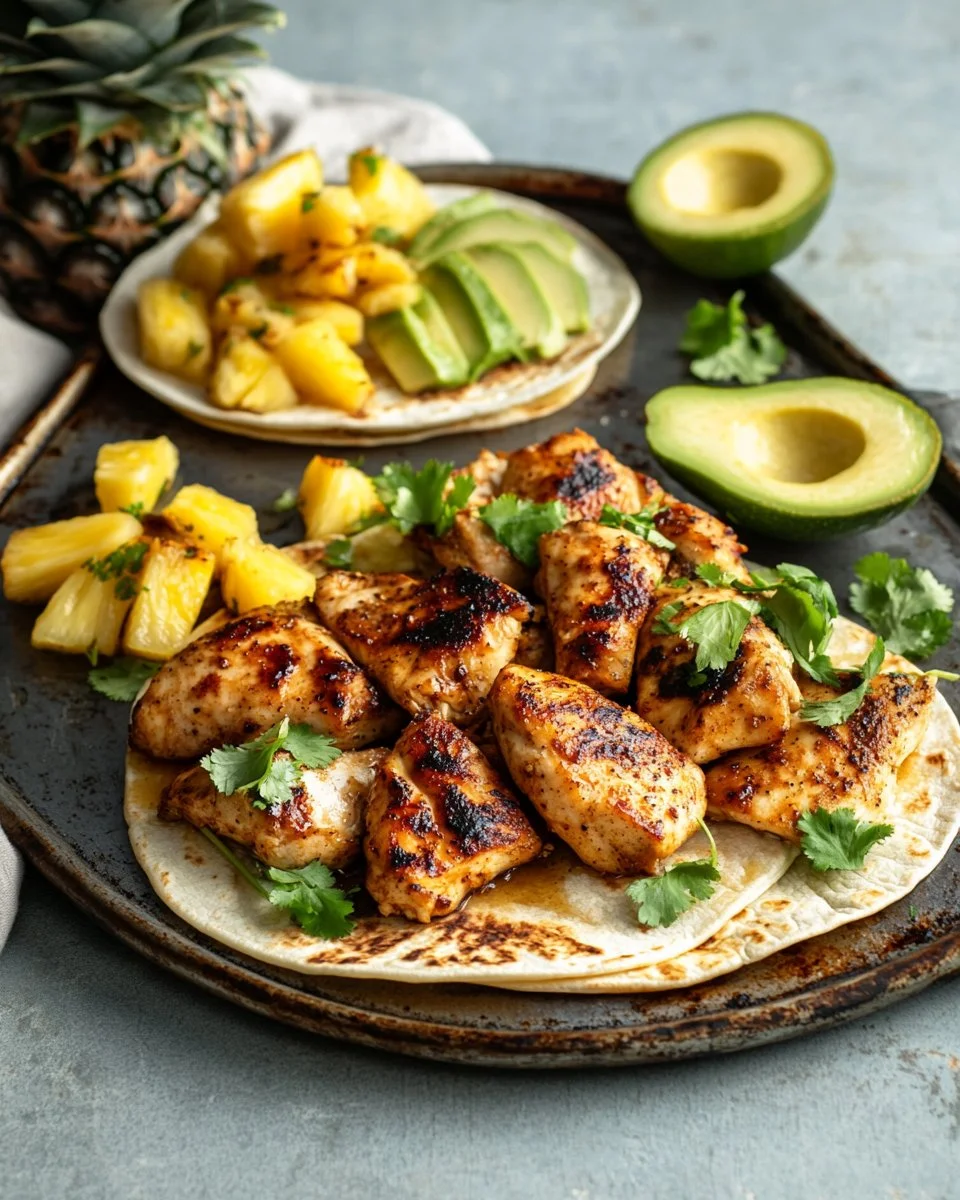 Delicious one pan chicken tacos with pineapple topped with fresh ingredients