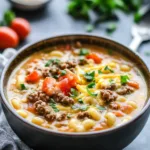 Delicious One-Pot Cheeseburger Macaroni Soup served in a bowl